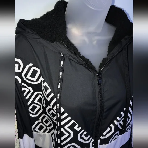 M/L Pink Victoria's Secret Windbreaker Black & White Anorak Jacket Coat - Picture 11 of 12